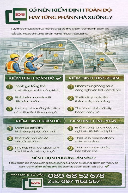 có nên kiểm định toàn bộ hay từng phần nhà xưởng để đánh giá an toàn kết cấu và tối ưu chi phí kiểm định