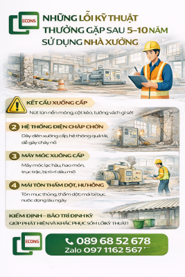 những lỗi kỹ thuật thường gặp sau 5 đến 10 năm sử dụng nhà xưởng như nứt lún hệ thống điện xuống cấp và mái tôn thấm dột