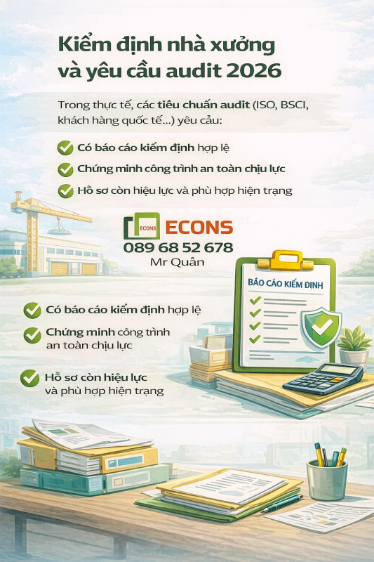 yêu cầu audit nhà máy 2026 cần kiểm định nhà xưởng và báo cáo an toàn chịu lực công trình