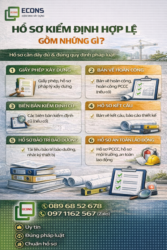 Hồ sơ kiểm định nhà xưởng hợp lệ gồm giấy phép xây dựng, bản vẽ hoàn công, hồ sơ kết cấu và an toàn lao động