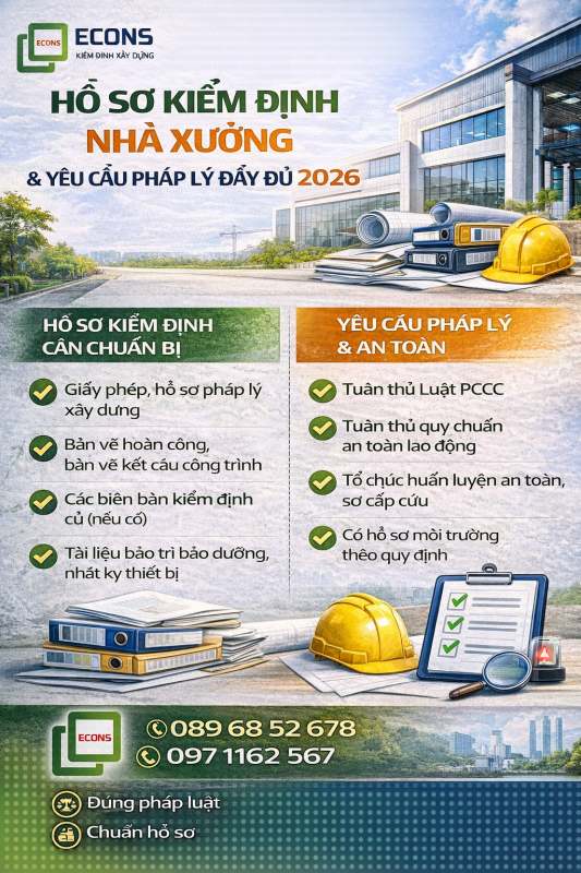 Hồ sơ kiểm định nhà xưởng và yêu cầu pháp lý 2026 gồm giấy phép xây dựng, bản vẽ hoàn công và hồ sơ an toàn