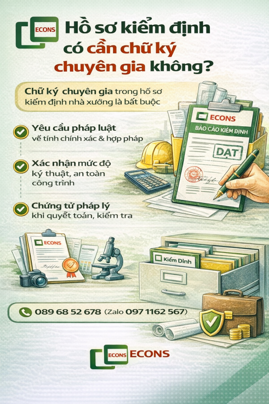 hồ sơ kiểm định nhà xưởng có cần chữ ký chuyên gia không và yêu cầu pháp lý về chữ ký trong báo cáo kiểm định công trình