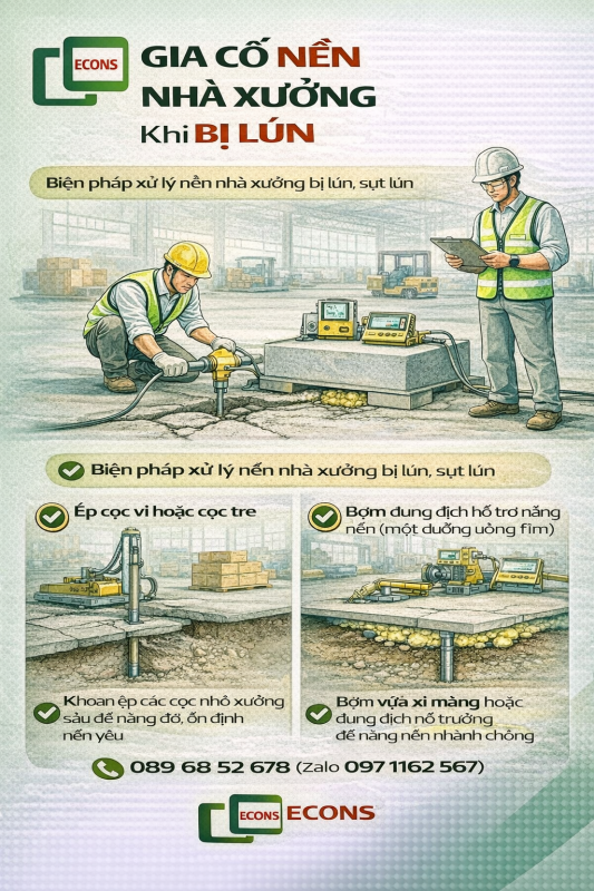 gia cố nền nhà xưởng bị lún bằng các phương pháp ép cọc vi bơm vữa và xử lý nền yếu đảm bảo an toàn công trình