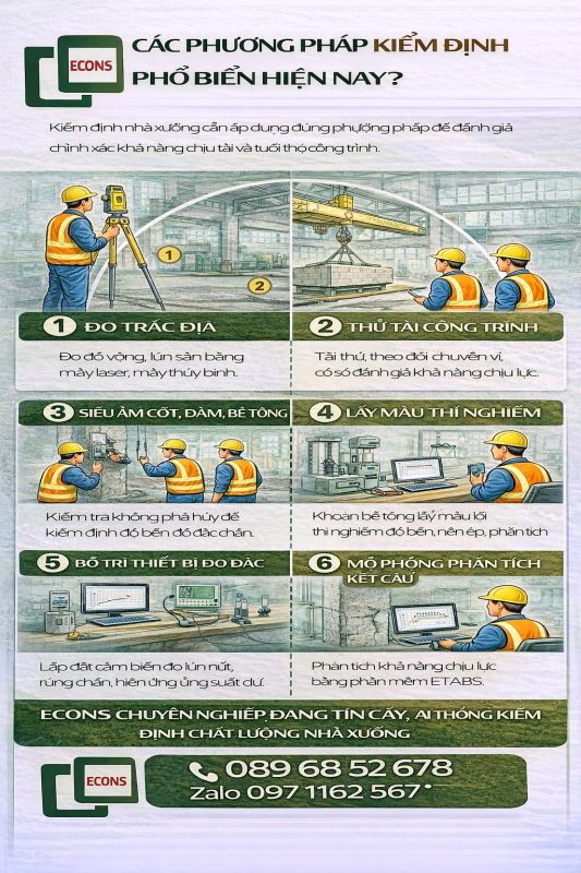 các phương pháp kiểm định nhà xưởng phổ biến như đo trắc địa thử tải siêu âm kết cấu và phân tích mô hình