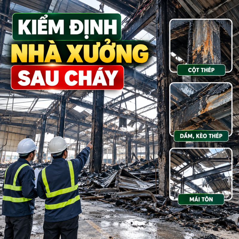 Kiểm định nhà xưởng sau cháy là công tác khảo sát, xác định mức độ hư hỏng và đánh giá khả năng chịu lực còn lại của công trình sau hỏa hoạn Sau một vụ cháy, điều doanh nghiệp quan tâm thường là bao giờ nhà xưởng có thể hoạt động trở lại. Máy móc có thể thay thế, mái tôn có thể lợp mới, nhưng hệ cột, dầm và khung kèo đã chịu tác động của nhiệt độ cao thì không thể đánh giá chỉ bằng mắt thường. Có những nhà xưởng bị cháy nghiêm trọng ở phần hàng hóa nhưng kết cấu chính vẫn có khả năng phục hồi. Ngược lại, một khu vực nhìn bên ngoài không hư hỏng nhiều vẫn có thể tồn tại biến dạng hoặc suy giảm đặc tính vật liệu. Vì vậy, Kiểm Định Econs khuyến nghị doanh nghiệp đánh giá hiện trạng kết cấu sau khi hiện trường đã được cơ quan có thẩm quyền cho phép tiếp cận và trước khi quyết định sửa chữa hoặc đưa công trình trở lại sử dụng.
